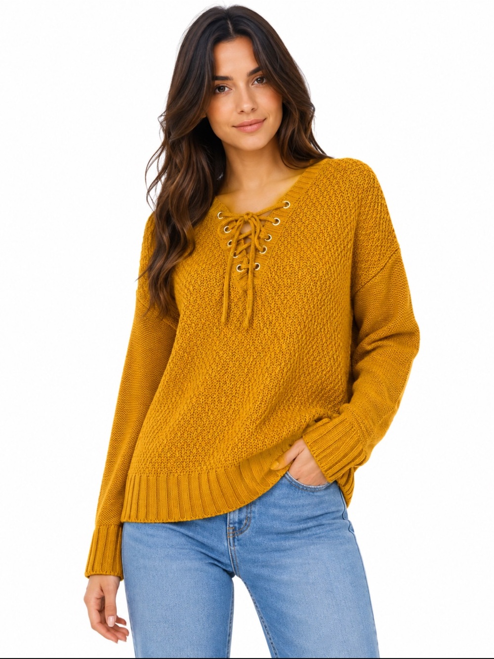 Rue21 Mustard Yellow Lace Up V-Neck Knit Sweater - Size M